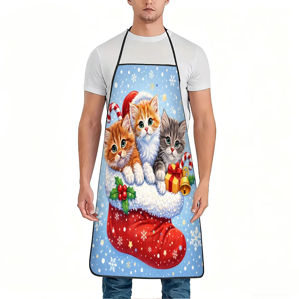 1pc Christmas Kittens in Stocking Print Apron, Durable And Easy to Clean, Adjustable Waistband, Polyester Material, for Kitchen