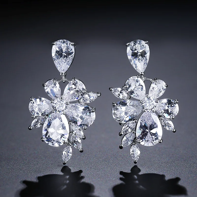 Sparkling White Cubic Zirconia Silver Color Long Big Flower Leaf Dangly Drop Earrings for Brides Wedding Jewelry Gift E205 3 sol