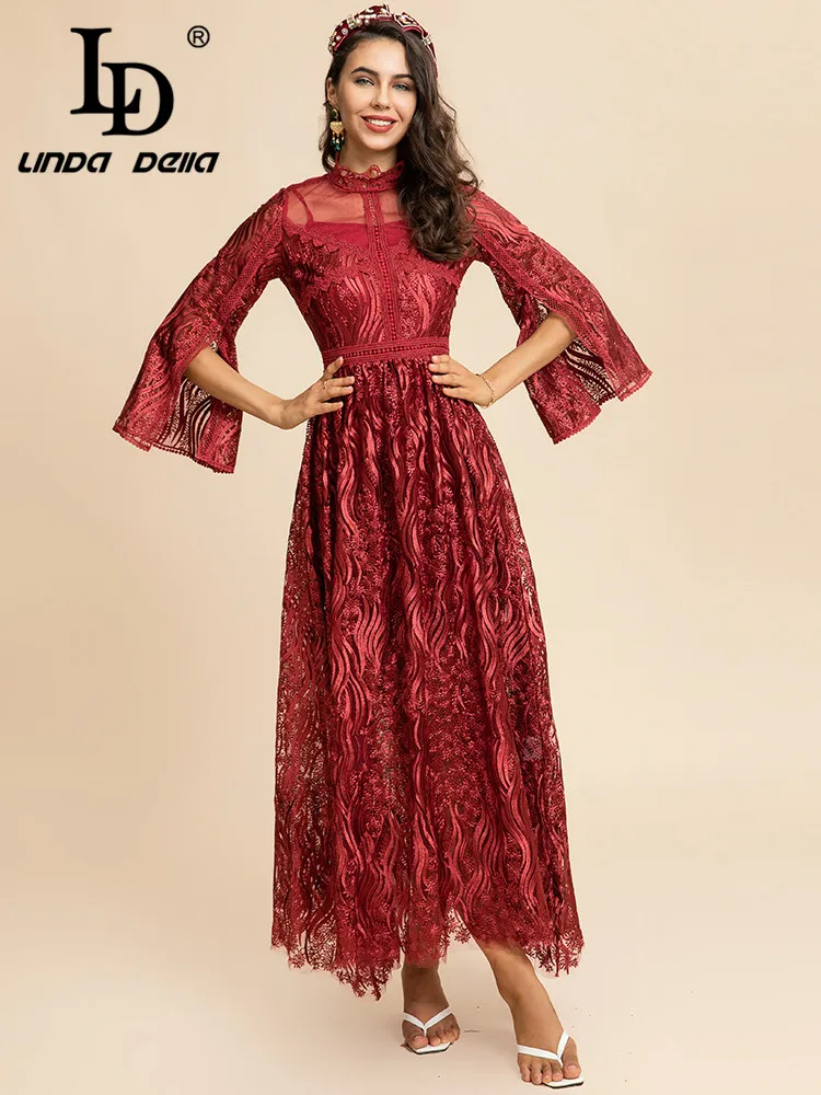 

LD LINDA DELLA Fashion Designer Autumn Winter Dress Women Flare Sleeve High waist Lace Mesh Sexy Ladies Red Party Long Dress