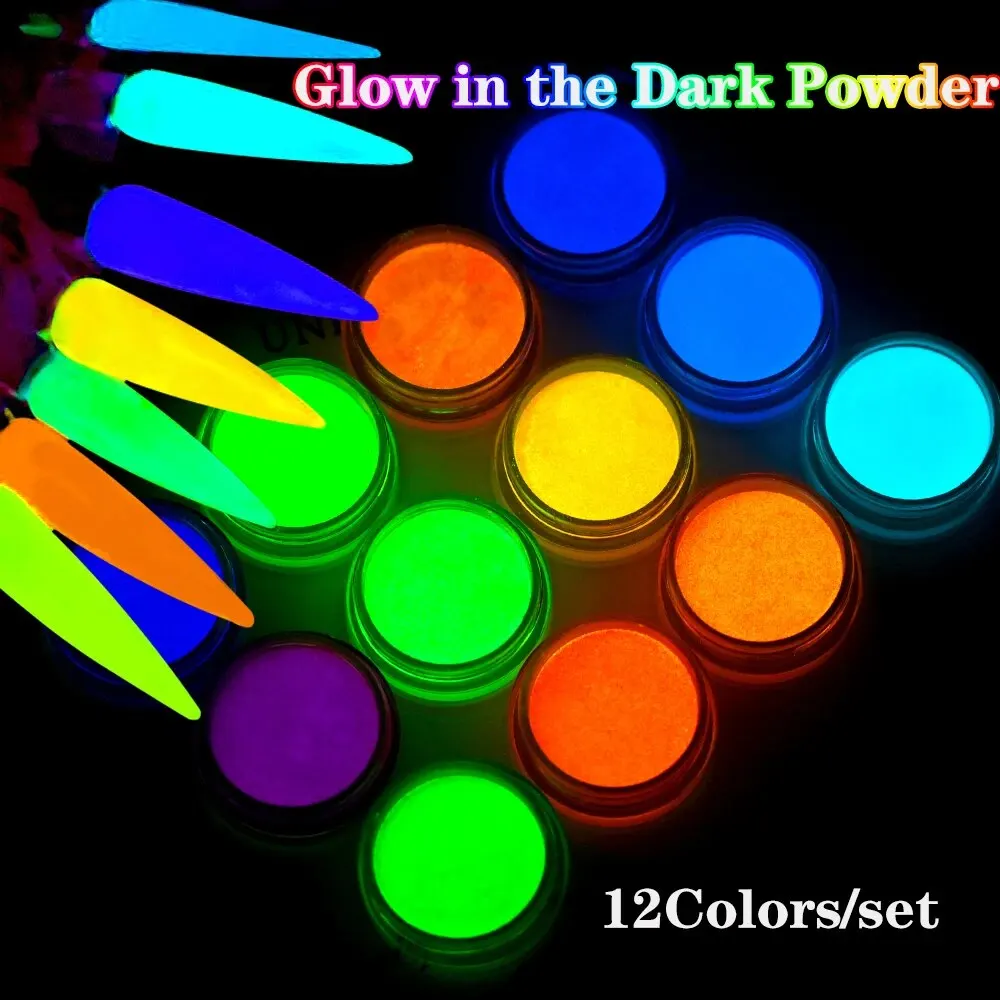 12Jars/set Phosphor Luminous Nail Powder Glow in The Dark Epoxy Resin Nail Chrome Powder Fluorescent Luminous Nail Powder