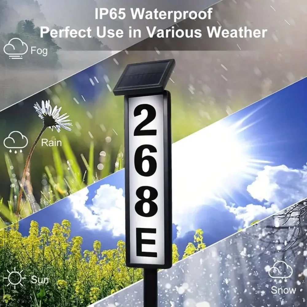 Solar Light Powered House Number, Address Sign With Lighting, Pole Mount, Smart Light Control