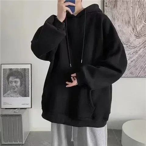 Fleece Hoodie Men Casual Pocket Long Sleeve Oversized Pullover Tops Harajuku Street Thicken Solid Sweatshirt Sports Pullover 5xl