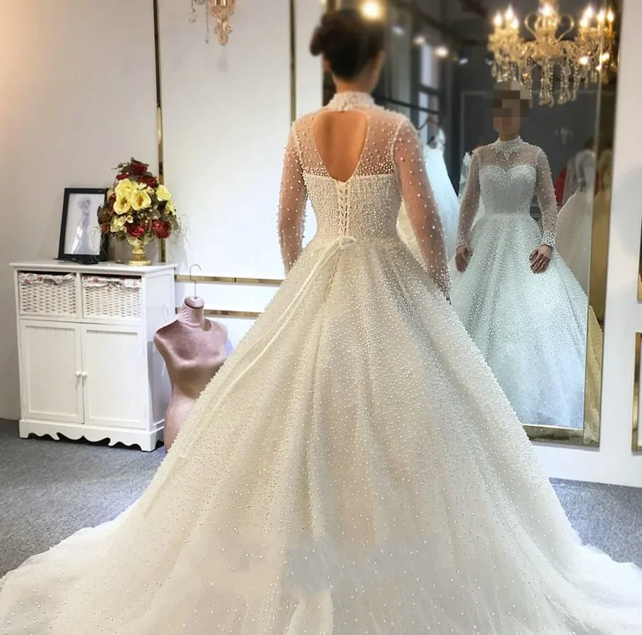 Angepasst Luxus Arabisch Dubai Hochzeit Kleid High Neck Volle Perlen Perlen Prinzessin Braut Braut Kleid Vestidos De Noiva