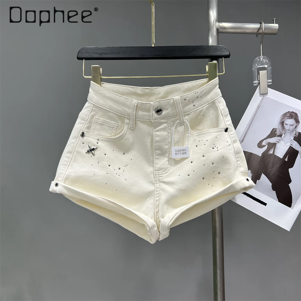 Korean Fashion Rolled Denim Shorts For Women Rhinestone Low Waist Sexy Wide Leg Hot Pants Casual Female Summer Trendy