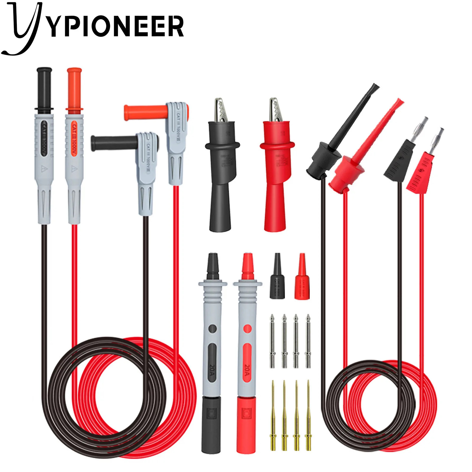 YPioneer P1308B Multimeter Test Leads Kit with Alligator Clips Banana Plug to Mini Grabber Test Hook Clips Replaceable Probes