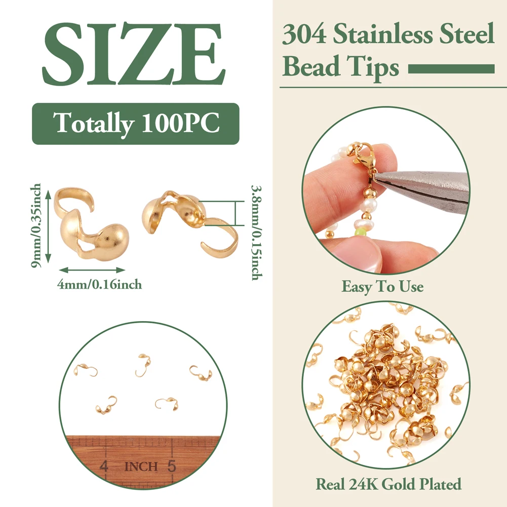 100pcs 304 Stainless Steel Bead Tips Calotte Ends Clamshell Knot Cover Link Real 24K Gold Plated 9x3.8x4mm Inner Diameter: 3.5mm