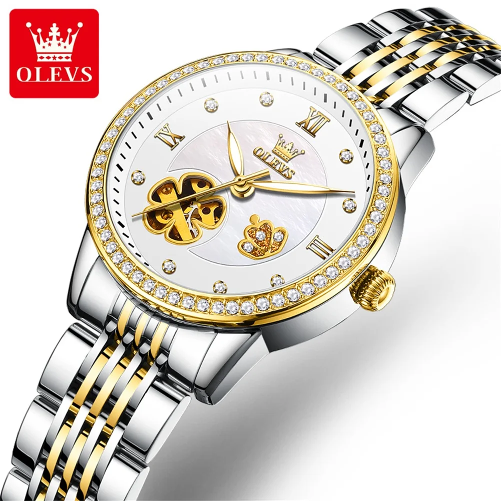 

OLEVS 6706 Top Automatic Watch for Women Hollowed Flower Diamond Dial Elegant Luxury Mechanical Wristwatch Original Ladies Watch