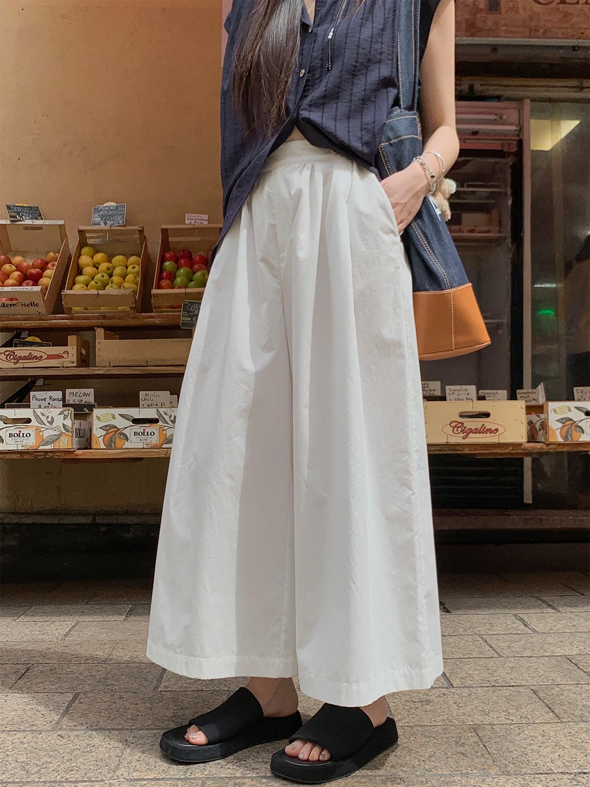 

Aboutpoem Lacey Cotton Wide Leg Pants Women Loose Fit Nine Points Casual Trousers Summer Pleated Layering Lazy Loose Feeling ...