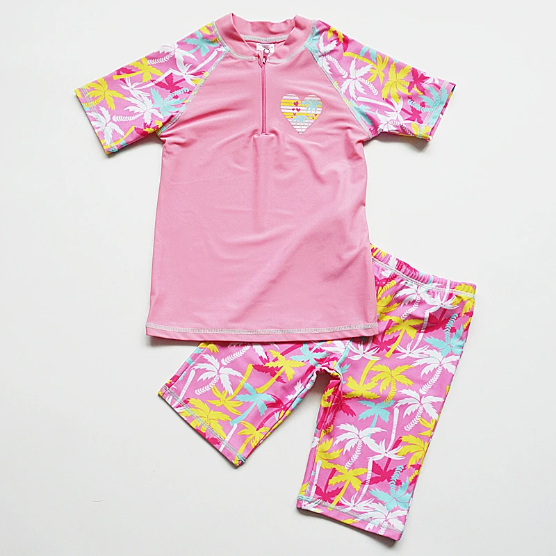 Two-Piece Girls Swimsuit Print Short Sleeve  UPF 50 UV Swimwear Rash Guard Children Swimwear Summer Kids Beach Wear Shorts