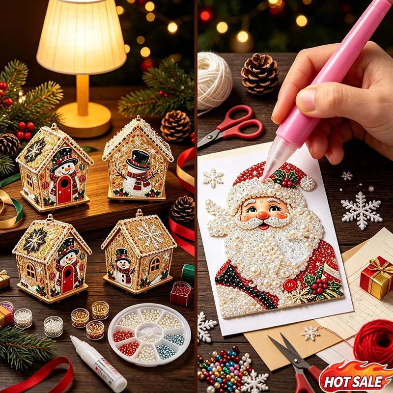 DIY Pearl Art Christmas Collection, 3D House Rhinestone Diamond Painting Kit Pearl Beads Craft Ornament For Home Decoration