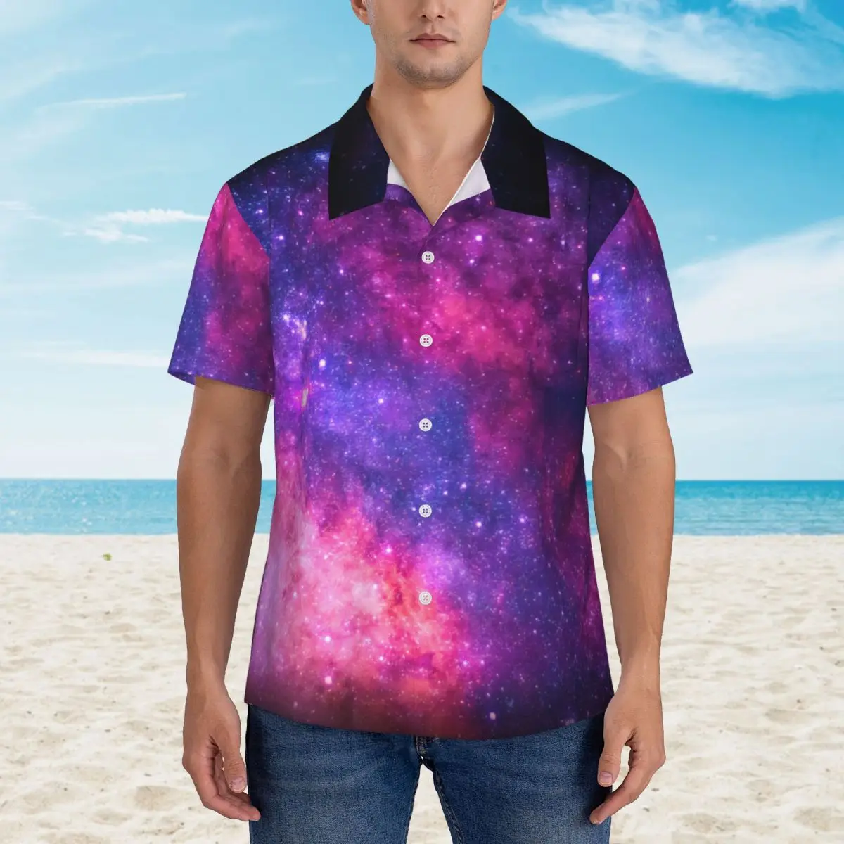 Pink Purple Galaxy Hawaiian Shirt Men Beach Vintage Print Casual Shirts Short Sleeve Harajuku Custom Vintage Oversize Blouses