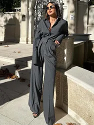 Oymimi Fashion Grey Print Women 2 Piece Set Outfit Elegant Long Sleeve Single Breasted Shirts And High Waist Straight Pants Sets