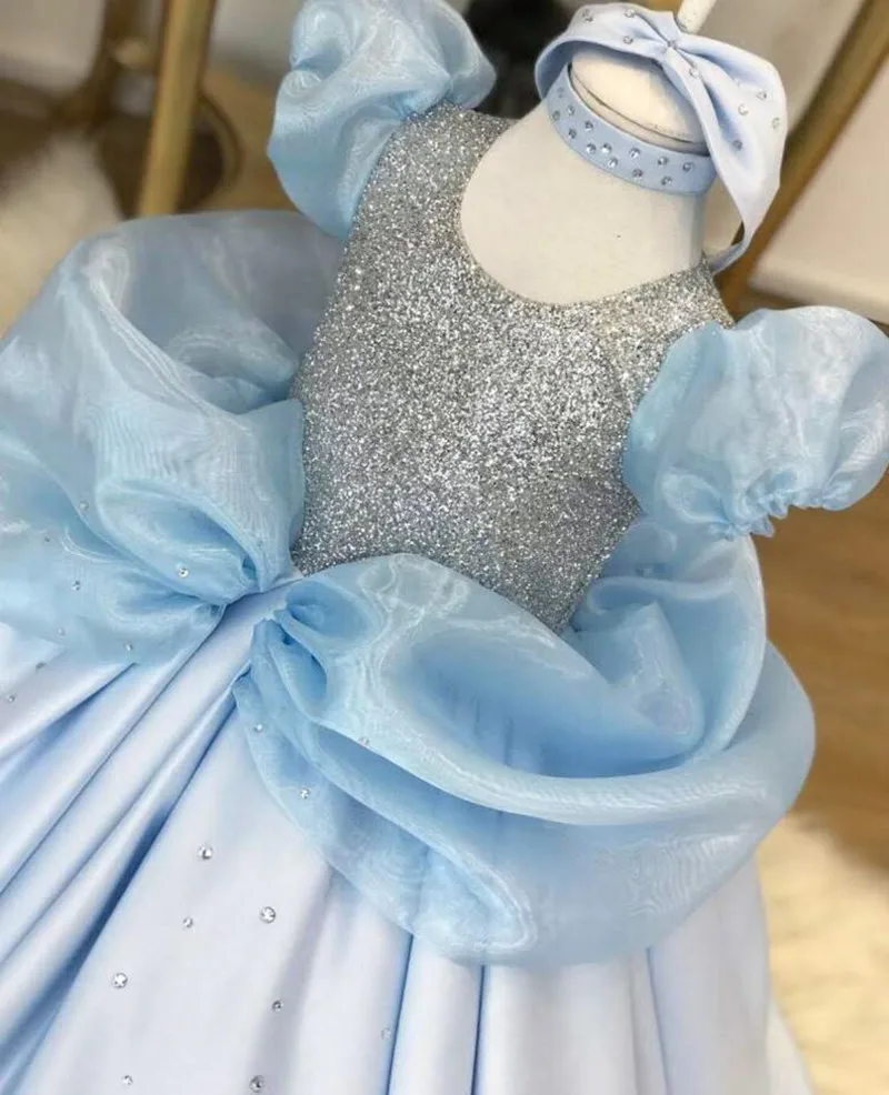 Blue Flower Girl Dress For Wedding Satin Puffy Tulle Shining O-neck Princess Dress Kids Party Birthday First Communion Ball Gown