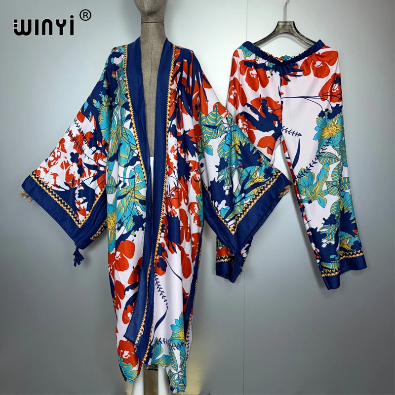 

WINYI two-piece suit kimono straight leg pants Bohemian Middle East abaya dubai luxury Women Elastic Floor Length New kaftan