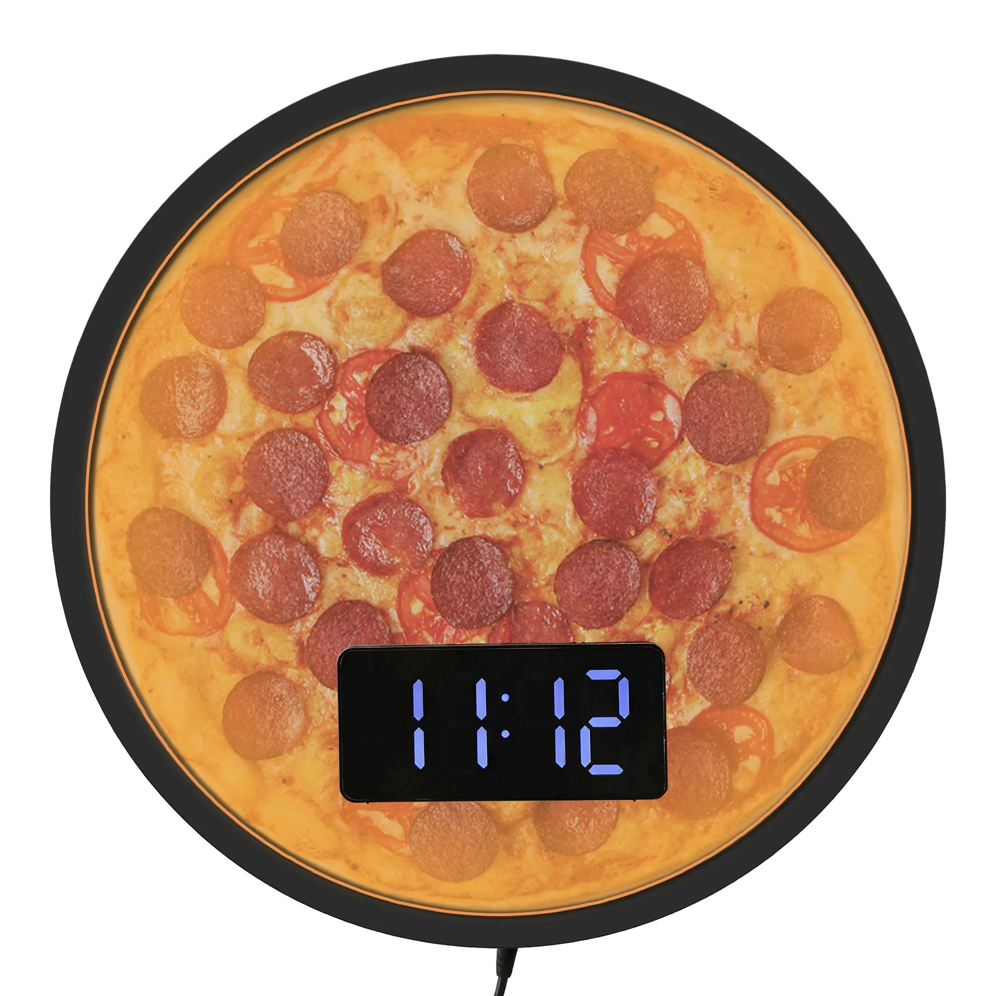 Pepperoni Pizza LED Digital Wall Clock With Backlight for Pizza Shop 12/24 Hour Time Format Soft Glow Ambient Bedside Wall Clock