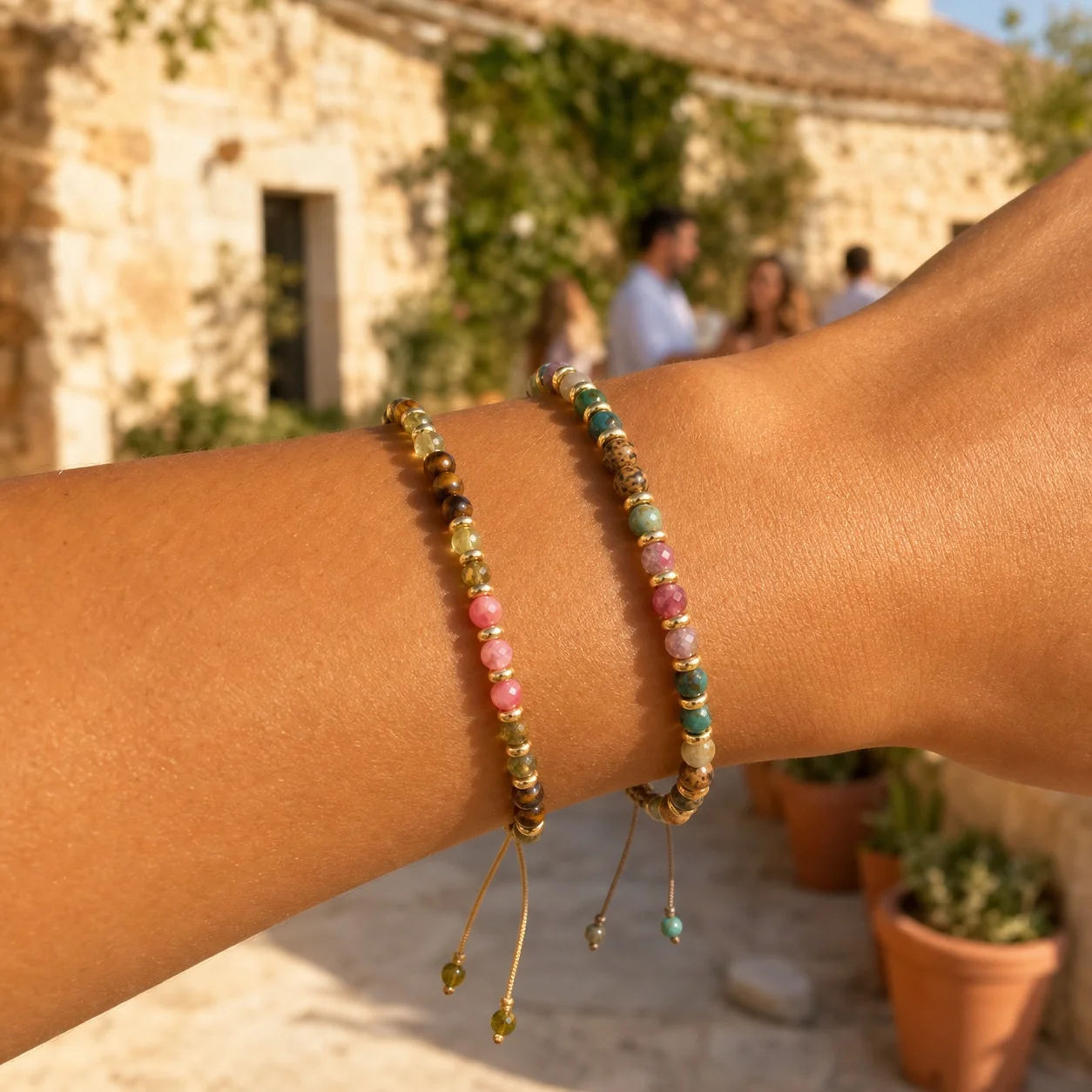 2pcs Beaded Bracelet with Colorful Round Semi Precious Stones Tie Closure Boho Bracelet for Women Vacation Jewelry