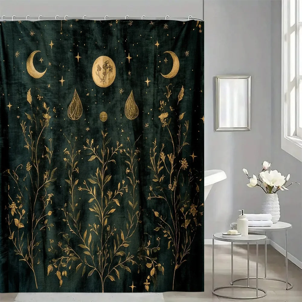 

[Роскошная занавеска для душа] 1 шт. Зачарованная лесная занавеска для душа с золотыми венами | Небесный дизайн Луны и звезд, темно-зеленый ботанический