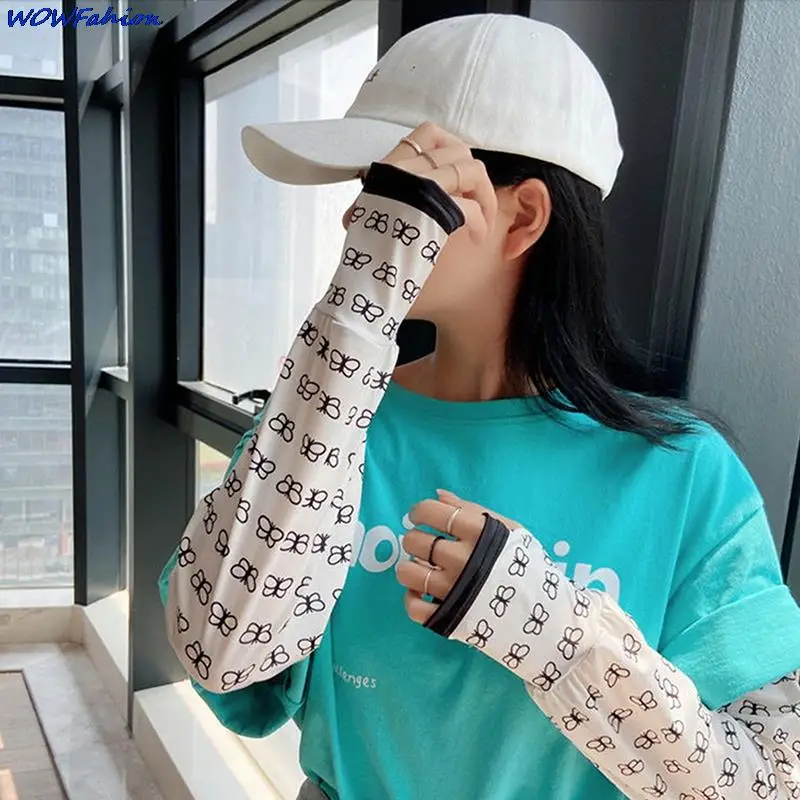 Summer Sunscreen Driving Ice Silk Sleeve Female Long Length UV Protection Hand Protector Printed Sleeve Arm Glove Ice Sleeve