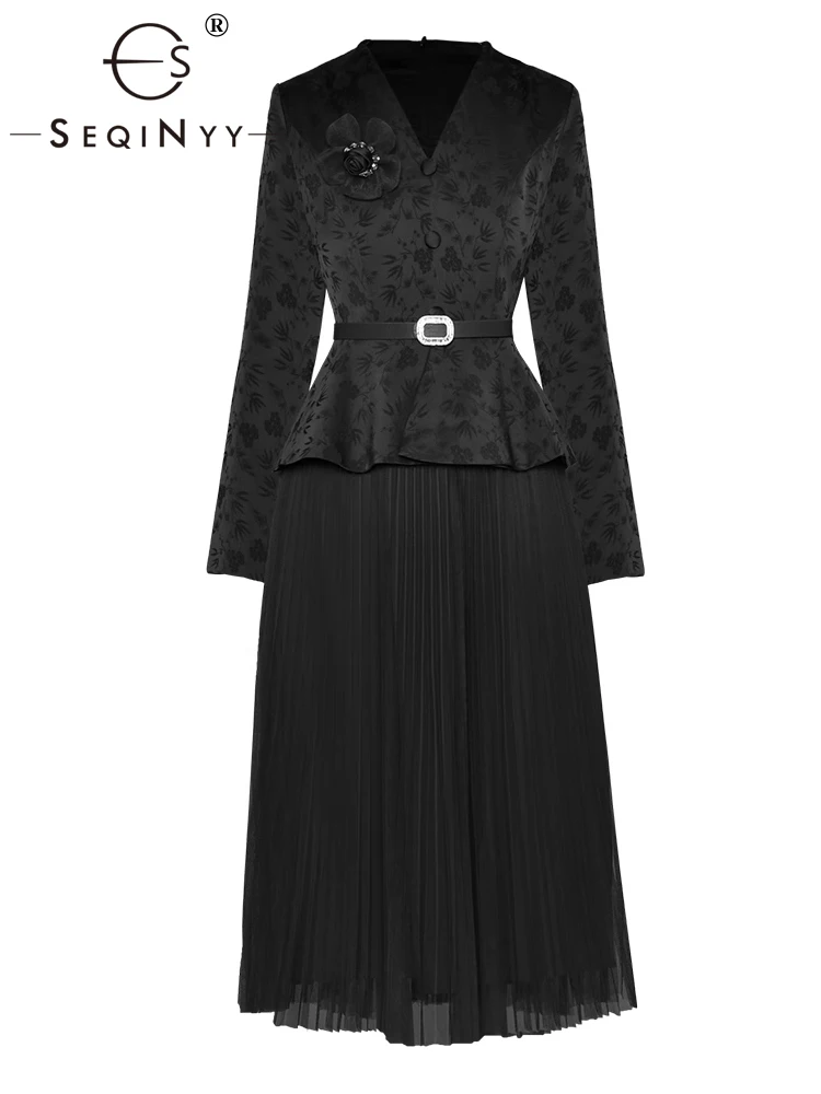 

SEQINYY Elegant Party Dress Pleated Mesh Jacquard Flower Spring Autumn New Fashion Design Women Runway High Street Appliques