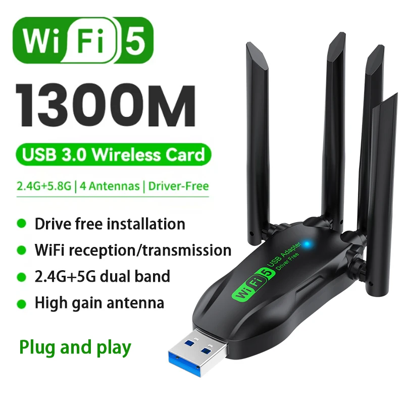 

1300Mbps WiFi5 USB Adapter Dual Band 2.4G/5Ghz Wi-Fi Dongle USB3.0 High-Speed 802.11ac 4-Antennas Wireless Receiver Driver Free