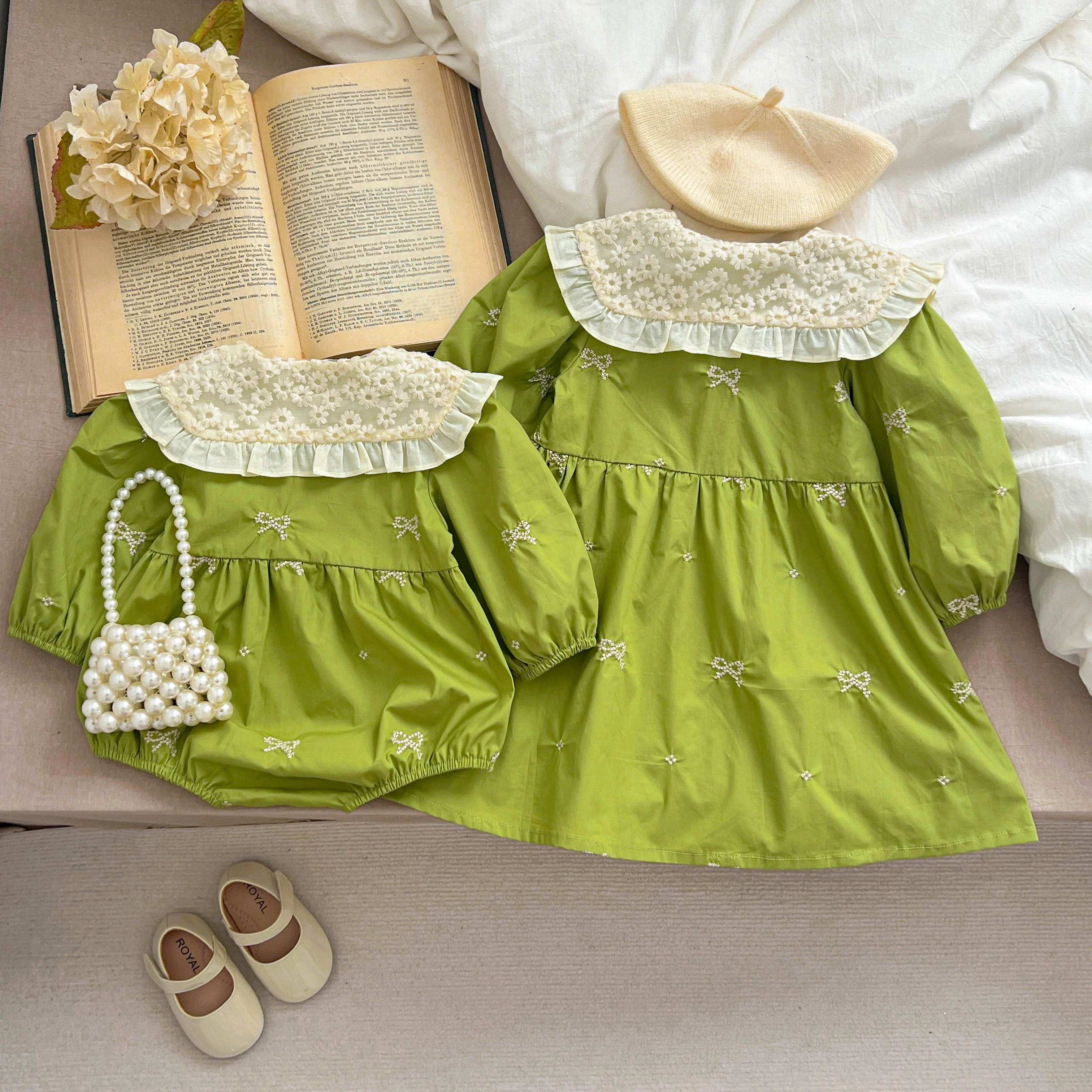 Schwestern Kleidung Säuglings Baby Mädchen Spitze Kragen Kleid Strampler Kinder Baby Mädchen Gestickte Bogen Prinzessin Kleid Familie Kleidung Strampler – Detail 21