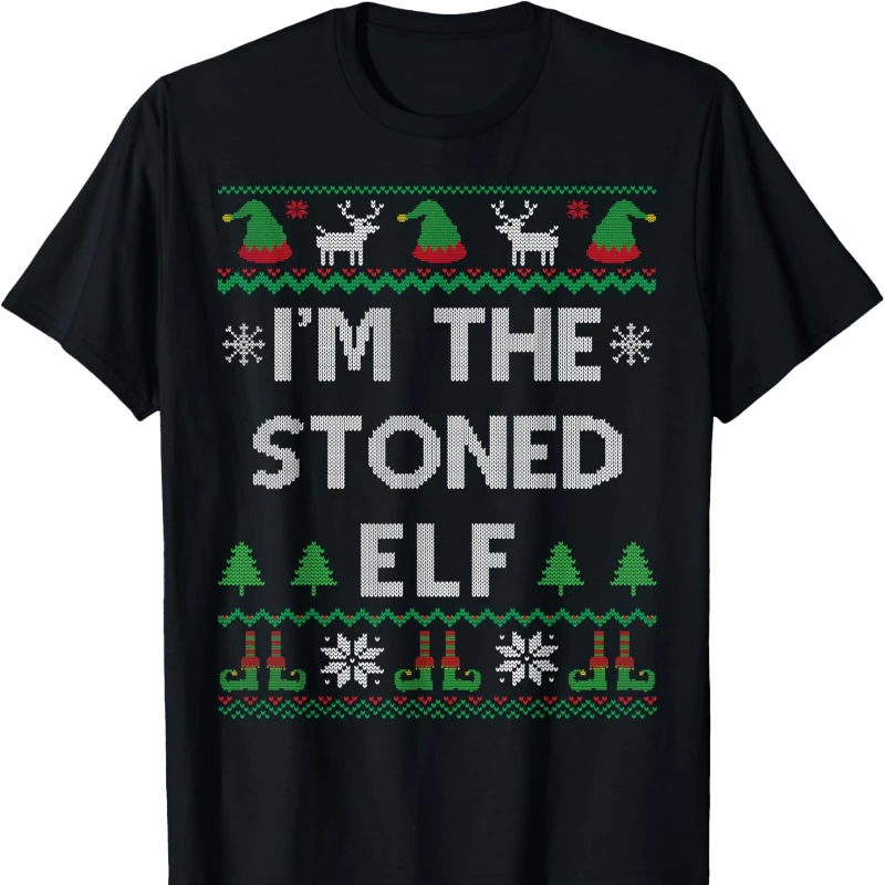 I'm The Stoned Elf Lover Ugly Christmas Pajama Simple Letters Print T-Shirt Unisex Casual Style Crewneck Regular Short Sleeve