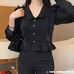 Korean Version New Elegant Socialite Short Shirt Top Temperament Solid Color Doll Collar Long Sleeved Shirt for Women