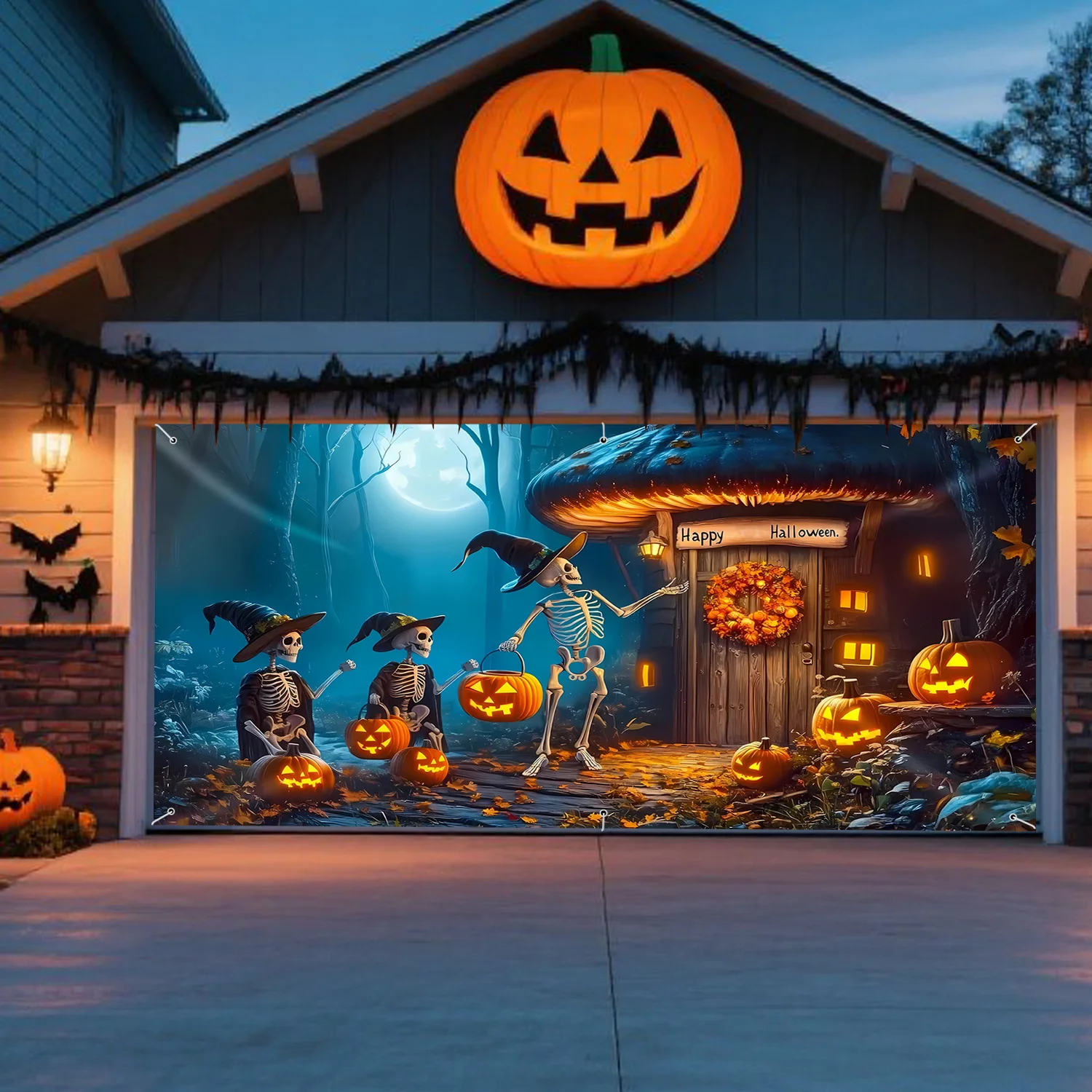 Pancarta Grande 2D para Puerta de Garaje de Halloween - Cabaña en el Bosque con Esqueletos, Calabazas de Halloween y Escena de Luna Llena