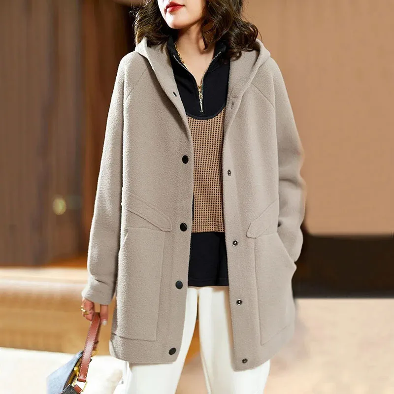 

New2022 Autumn Winter Woolen Coat Women's Jacket Mid-length Single Breasted Hooded Wool Outwear Female Casual Overcoat Tops E136