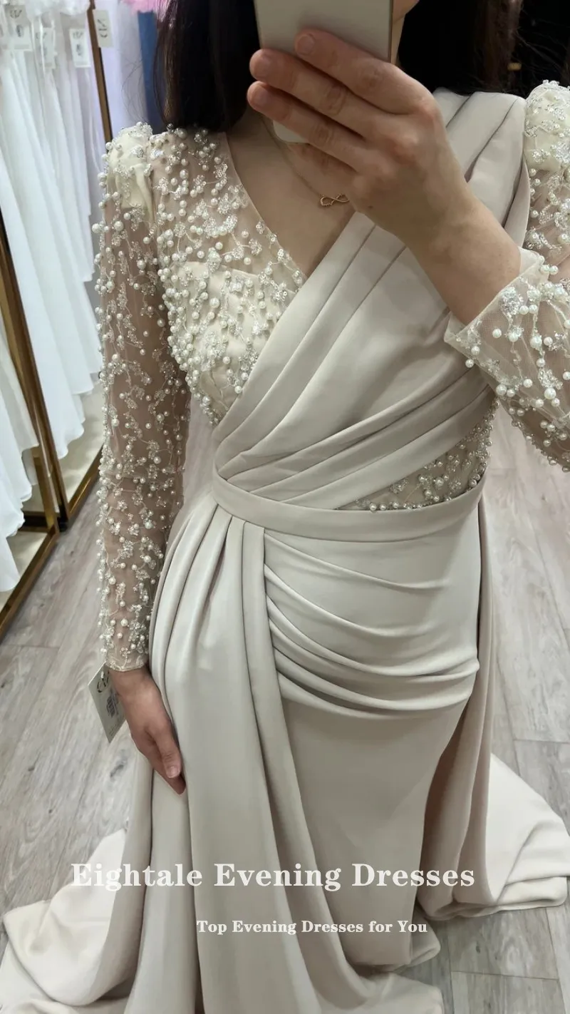 

Eightale Arabic Evening Dress V-Neck Prom Gown Customized Sequin Long Sleeves Wedding Party Dress Mermaid Robes De Soirée