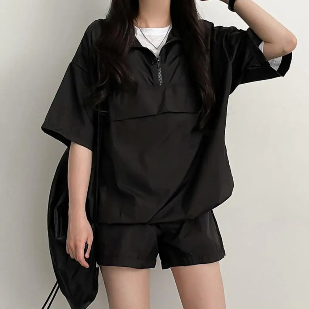 Women Summer Tracksuit Stylish Women's Summer Tracksuit Zippered Collar Loose Top High Waist Shorts Sporty Outfit for Students