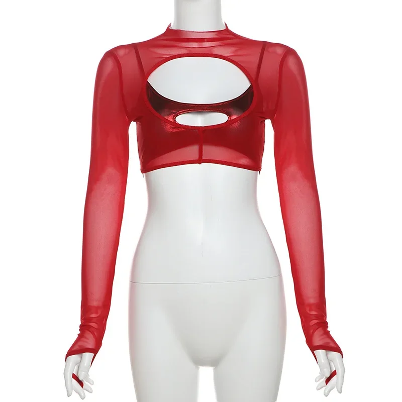 Hollow Out T Shirts For Women Mini 2 Pcs Set Rave Outfits Mesh Crop Top Skinny Camisole Ropa De Mujer See Through Y2k Clothes