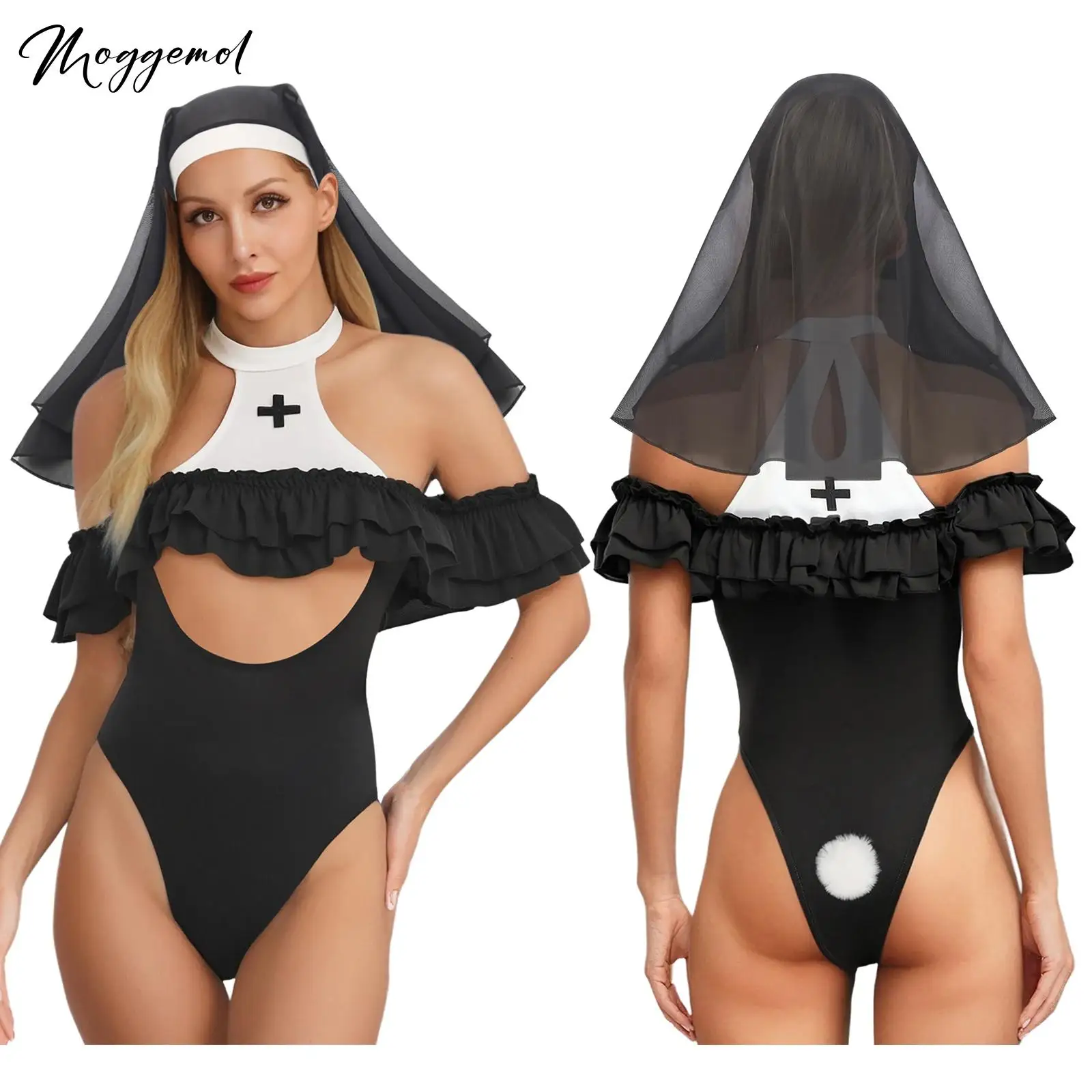 

Женский сексуальный костюм монахини и сестры на Хэллоуин, многоуровневое боди с рюшами на груди, боди с помпоном, хвост кролика и вуаль, нижнее белье, купальник