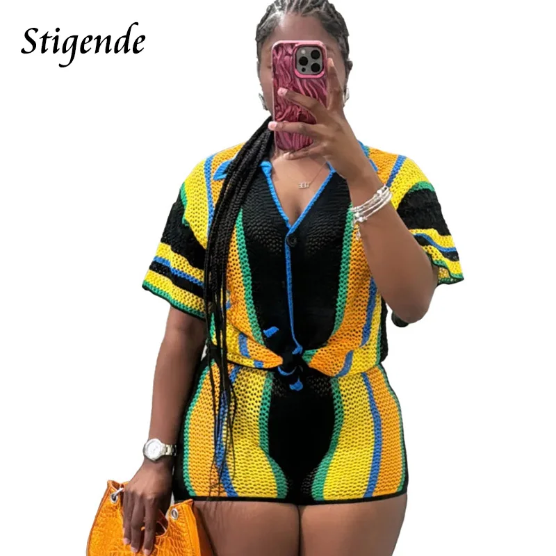 Stigende Summer Knit Two Piece Set Woman Striped Cardigan Outfit Turn Down Collar Blouse and Shorts