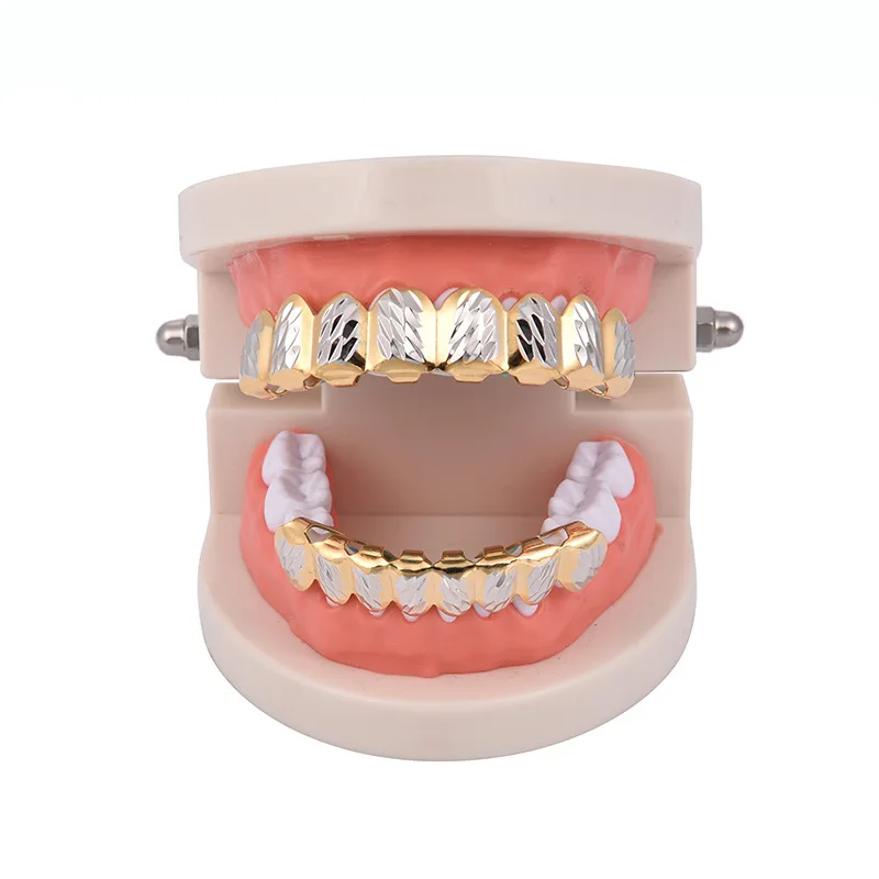 1set Hip Hop Teeth Grillz Gold Plated Dental Grills Rock Tooth Grillz Caps Crystal Teeth Caps Halloween Vampire Tooth