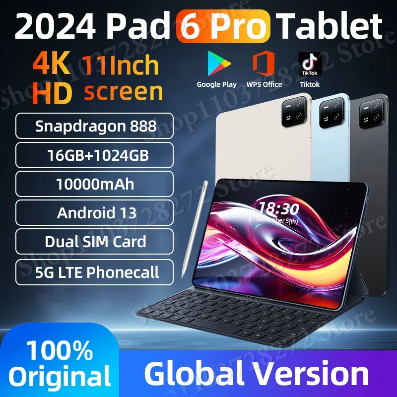 

Оригинальные Новые планшеты HD 4K Pad 6 Pro, ПК Snapdragon 888, 16 ГБ + 1024 ГБ, 10000 мАч, Android 13, 11 дюймов