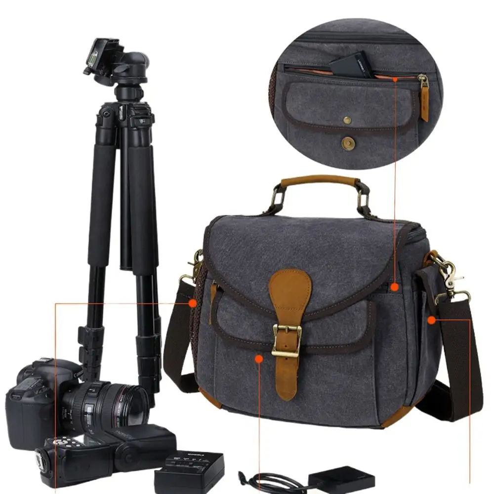 

Canvas Mirrorless Photography Camera Bag Padded Vintage Camera Protective Case Waterproof Leather Trim Crossbody Shoulder Bag