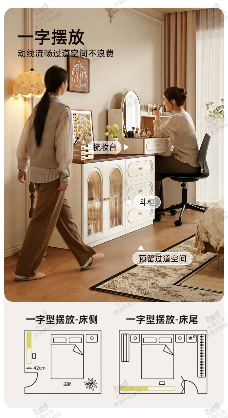 Cremefarbener Schminktisch mit Aufbewahrungsschrank, Eck-Make-up-Tisch, Holz-Frisiertisch für Zuhause, Schlafzimmer, Hotelmöbel – Detail 8