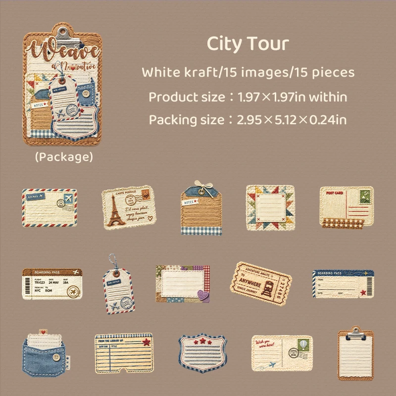 Journal GO, set van 15 vintage stickers in geweven stijl, reliëfgeprinte, stevige kaartjes en labels voor scrapbooking, journaling, planners en knutselprojecten.