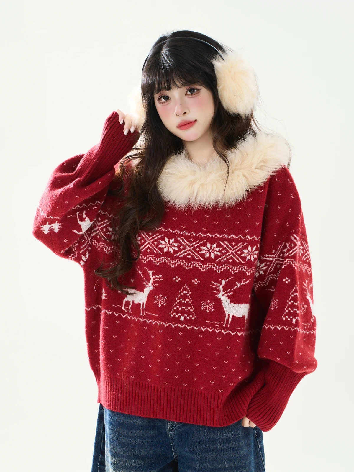 

ENJOG Vintage Deer Fur Collar Red Knitted Loose Women's Sweater Autumn Winter New Year Casual Sle Long Sve Pullover