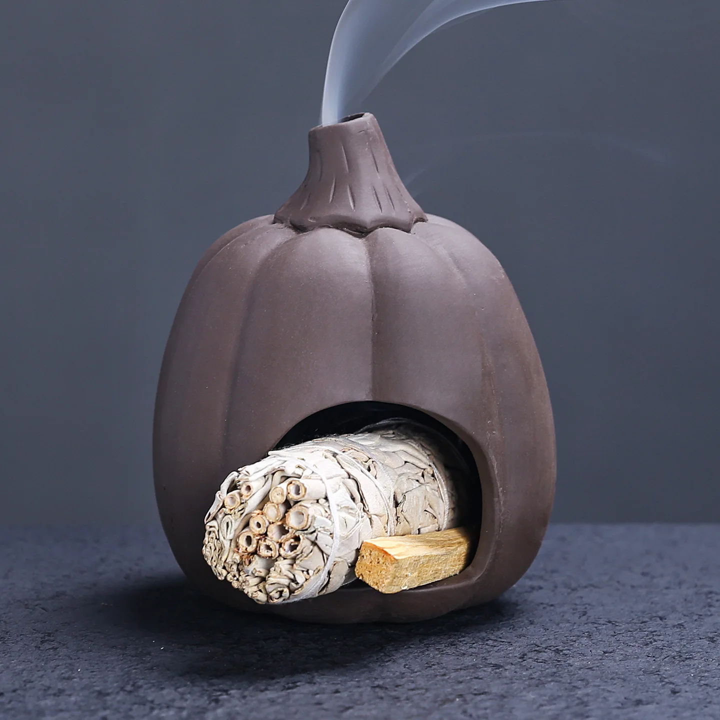 Zisha Pumpkin Backflow Incense Burner  Handmade Halloween Palo Santo & Sage Holder, Sandalwood Waterfall Smoke, Purple-Clay Tray