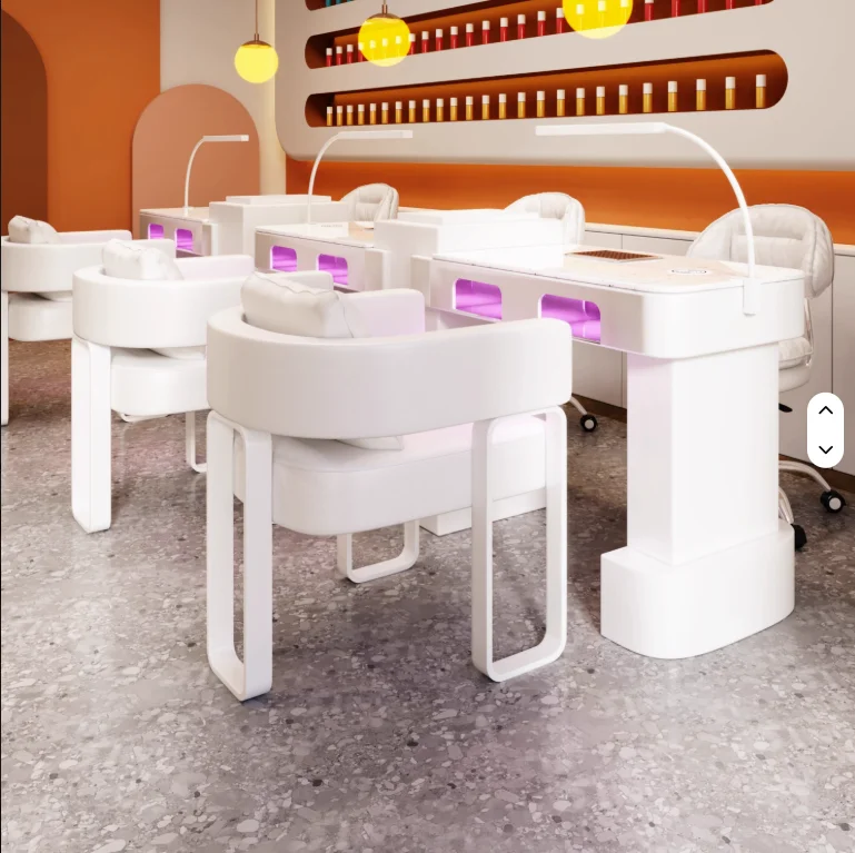 Luxury Nail Salon White R Manicure Table and Chair Set Modern Beauty Shop Nail Table with Lights