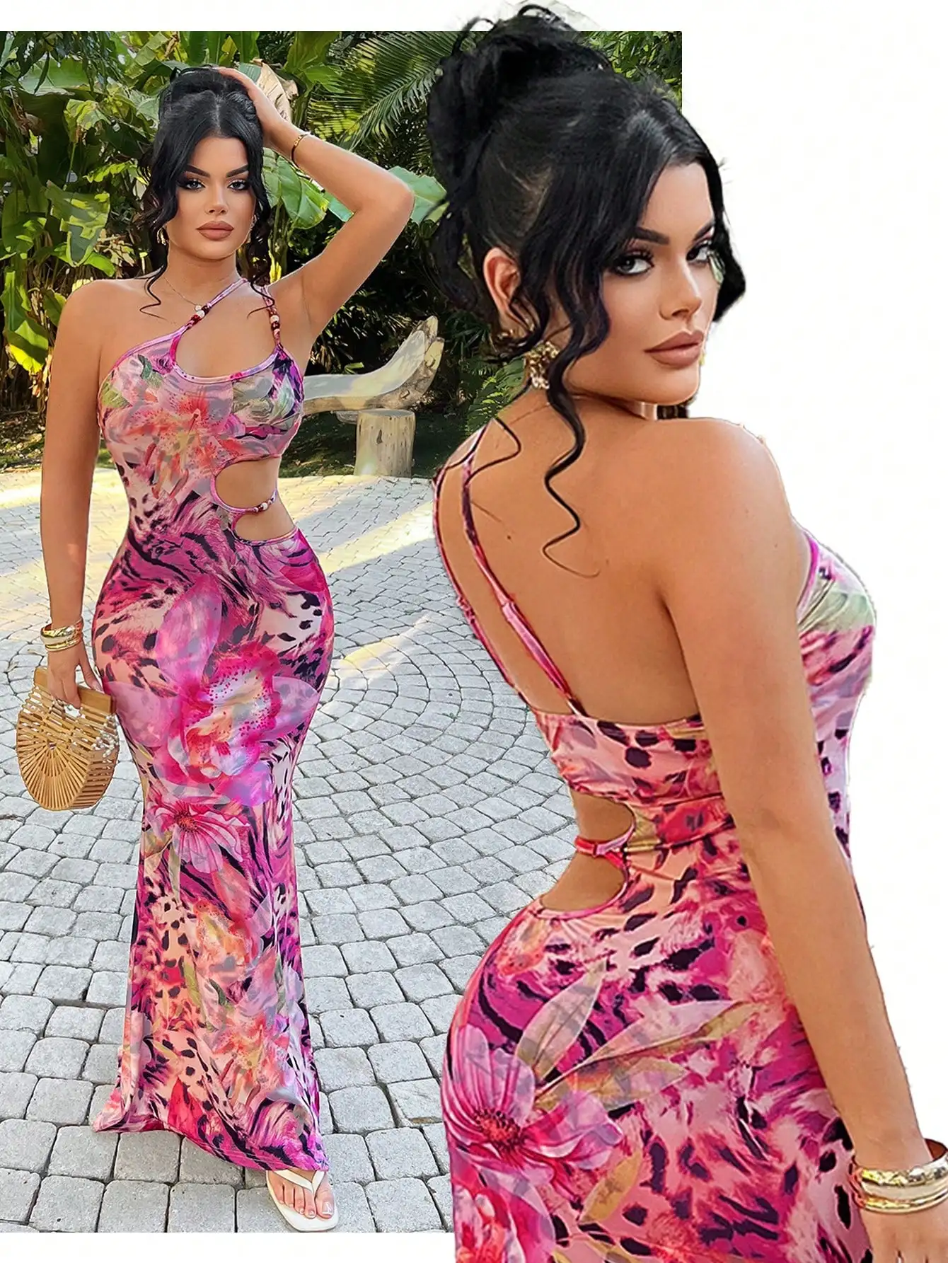 

Яркое макси-платье с цветочным и леопардовым принтом и вырезами для летнего пляжного отдыха, вечеринок и курортного стиля для женщин