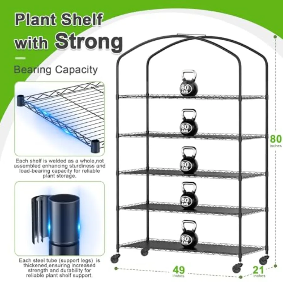 5-Tier Greenhouse with Grow Light for Indoor Gardening, Adjustable Metal Shelf in Green, Rust-Resistant and Space-Saving Design