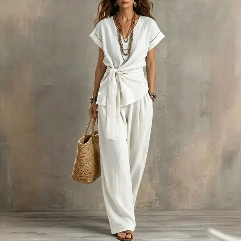 

Women's Casual V-neck Top+wide Leg Pants Two-piece Set Fashion Solid Lace Up Design Top Suit With Pockets Lady Commuting Outfit