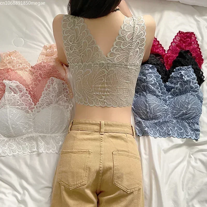 Zintegrowane seksowne koronkowe biustonosze dla kobiet Bralette wyściełany biustonosz Push Up kobiece bezszwowe jednoczęściowe bielizna bez ramiączek w jednolitym kolorze