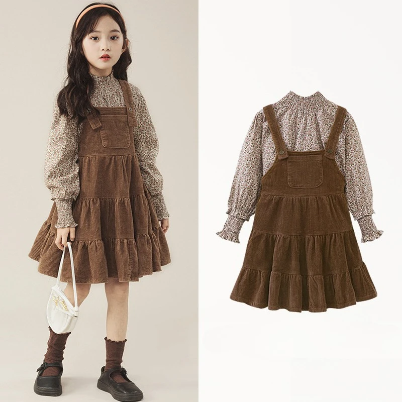 Girls’ 2-Piece Western Pinafore Dress Set – Vintage Floral Suspenders Overalls + Matching Top, Spring Autumn Outfit