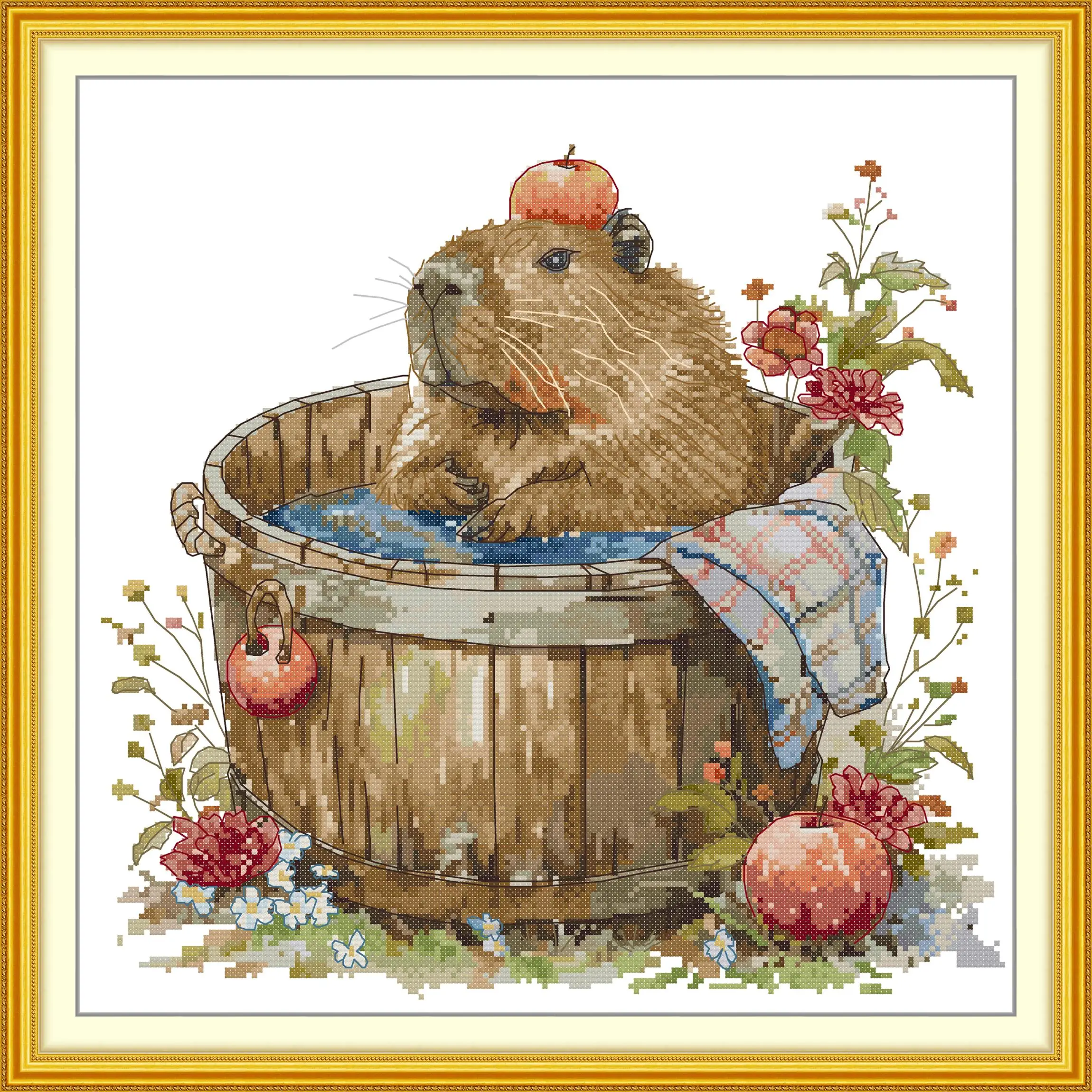 News Pre-Printed Cross Stitch Kit, Stamped Aida Fabric With DMC Threads, Embroidery Kit - Capybara