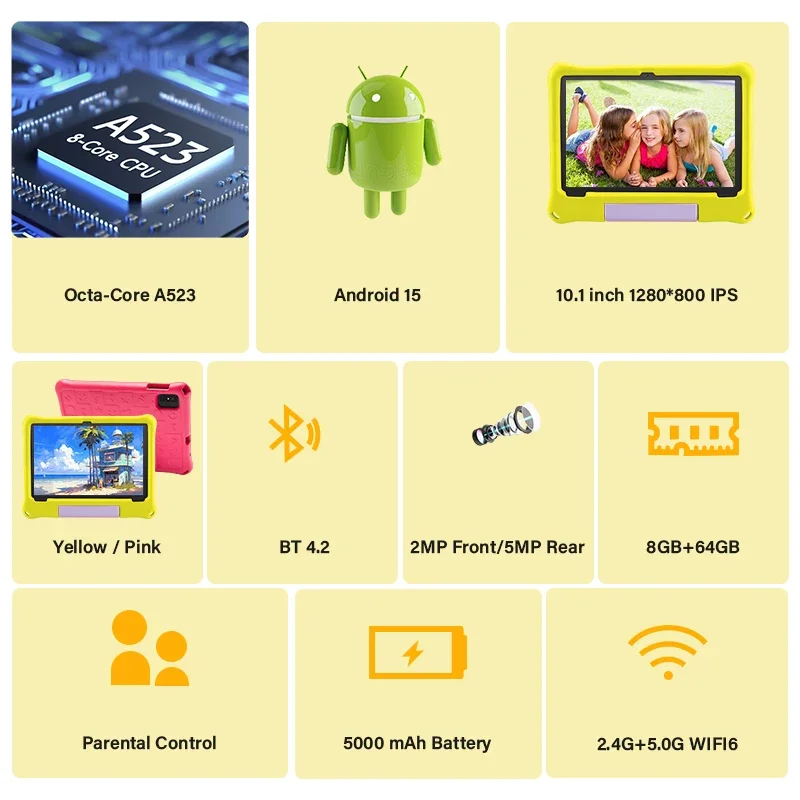 ANRY 10.1 inch Kids Android 15 Tablet 8GB (4+4GB) RAM 64GB ROM 5000Mah Octa-core 5G Wifi Children's Learning Educational Tablets