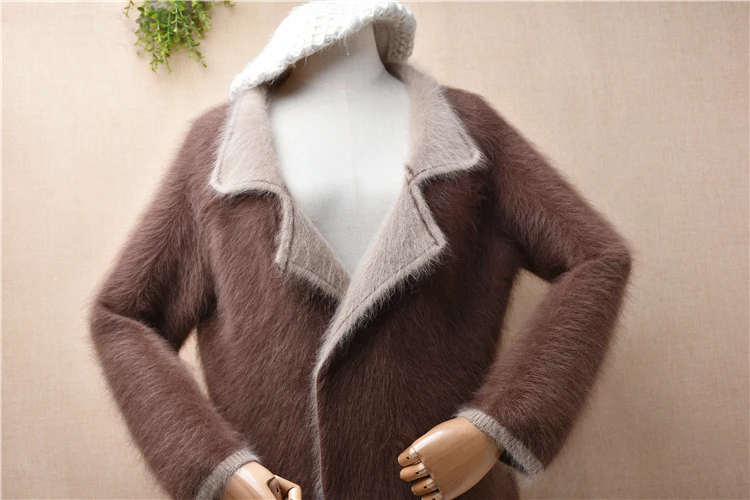 04 Female Women Fall Winter Thick Warm Hairy Mink Cashmere Knitted Suit Collar Long Sleeves Slim Long Sweater Cardigans Coat Top